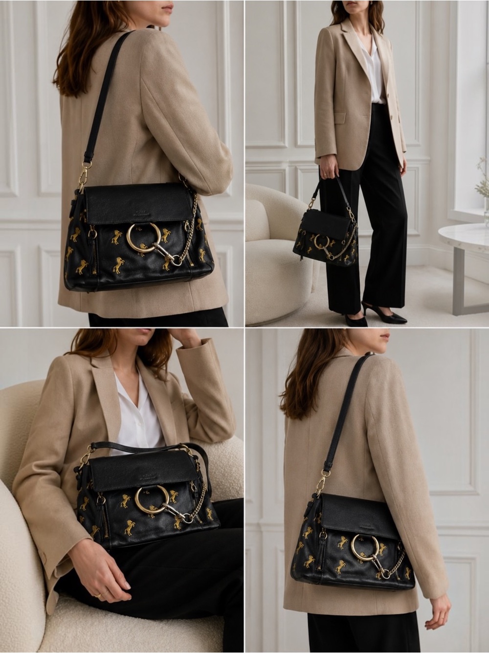 Chloé Medium Faye Day Black Leather Horse Embroidered Shoulder Crossbody Bag